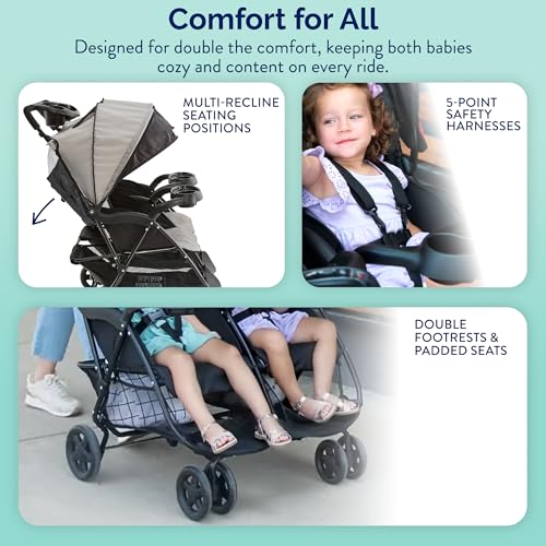 Kolcraft Cloud Plus Lightweight Double Stroller Side-by-Side for Infant Toddler, Compact Folding Travel System with Reclining Seats, Canopies, Storage Basket, Trays, Easy Maneuver - Slate Gray