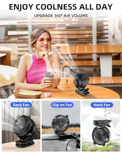KIDEE Portable Clip on Fan, Small Desk Fan Battery Operated, 360° Rotation, Cute Design, 3 Speed, Mini Table Fan USB Rechargeable, Personal Cooling Baby Stroller Fan for Home Office Outdoor Travel