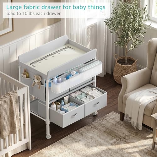 BOLUO Baby Changing Table with 4 Drawers, Waterproof Diaper Changing Station with Storage, Adjustable Height Baby Changing Station for Mobile Nursery Grey