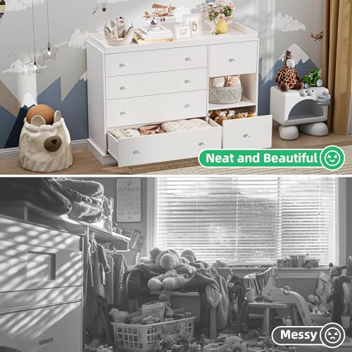 Halitaa Kids Dresser Cabinet with 6 Drawers, Changing Table for Nursery with Shelf, Multi-Functional Chest of Drawers, Kids Bedroom Furniture, Nightstand for Children's Room, White