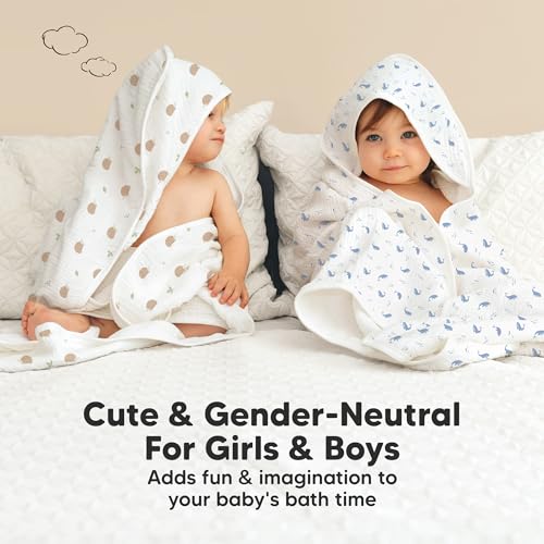 KeaBabies Muslin Baby Bath Towels with Hood for Girl Boy (Whale Bay, 35x35)