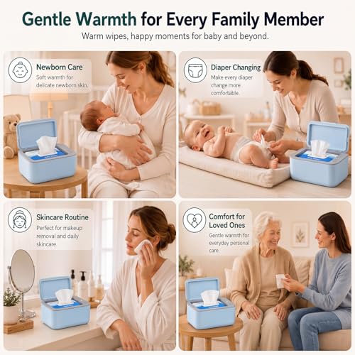 Awesmom Wipe Warmer for Baby & Adult Wet Wipes, Large Capacity Diaper Wipes Dispenser, 3-Level Adjustable Temperature, Silent & Even Heating, Blue