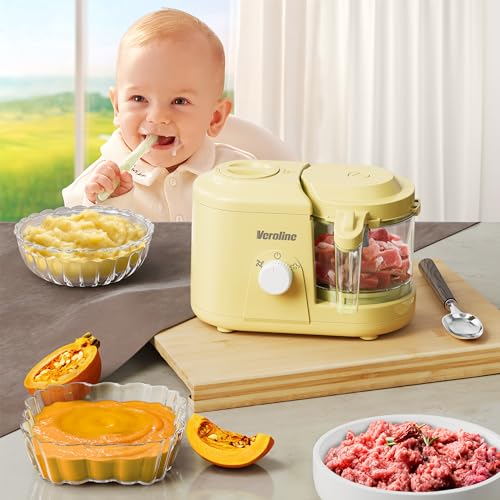 Veroline Baby Food Maker, One Button Rotate Control Baby Food Processor, Baby Puree Maker with Steaming and Grinding Functions, Baby Food Steamer and Blender, Yellow