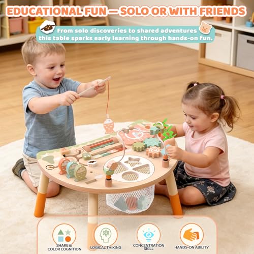 Hewaurorion Wooden Activity Table for Toddlers 1-3, 9 in 1 Montessori Sensory Table with Bead Maze Shape Sorter Fishing Game, Baby Activity Table Learning Toys for 1 2 3 Year Old Boys Girls