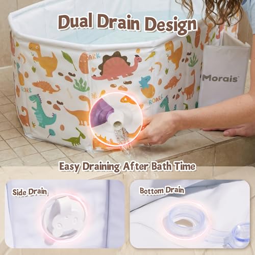 MORAIS Toddler Bathtub Collapsible & Portable, Foldable Baby Bath Tub for Shower & Travel, Dual Drain Plug with Thick Padded Bottom, Easy to Clean, Space-Saving Tub, 12 Months+