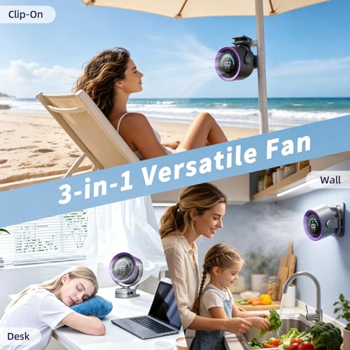 duludulu Portable Clip on Fan, Rechargeable USB Desk Fan with Turbo Airflow, 100 Speeds LED Display, 360° Rotation, Small Quiet Battery Powered Fan for Stroller Outdoor Travel Camping Golf Cart, Grey