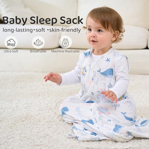 FIEMOL Baby Sleep Sack 0-6 Months, 0.5 TOG Wearable Blanket for Baby Boy and Girl, 2-Way Zipper Newborn and Infant Sleeping Bag 2 Pack, Lightweight Sleep Sacks Blue Whale（Small）