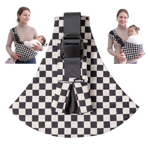 Lujifo Baby Sling Carrier, Premium Cotton Blend Baby Carrier for Toddlers, Adjustable & Breathable Toddler Carrier with Ventilated Straps, Lightweight & Travel-Friendly Design (Ebony Check)