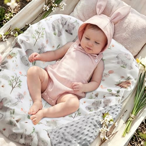 BOPRIO Baby Blankets for Unisex Boys Girls, Super Soft Nursery Minky Blankets with Baby Elephant Design and Dotted Fleece Backing, Printed Bed Throws Newborn