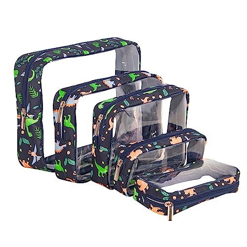 Remobia Hicol TSA Approved 5-Piece Diaper Bag Organizer Pouch Set Clear Waterproof TPU Kids Toiletry Storage Set Travel Packing Clutch Cube Bags for Baby Nursing(Dinosour)