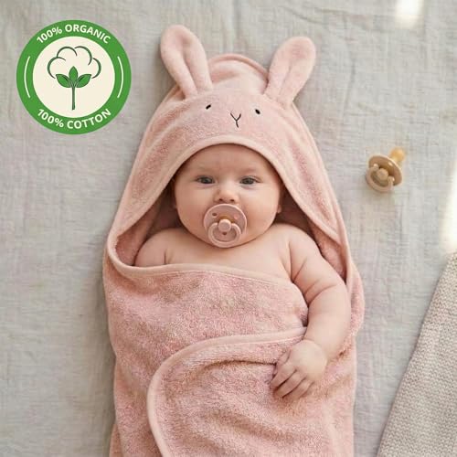 Huxie Hooded Baby Towel – 100% Organic Cotton Baby Bath Towels – Baby Girl Newborn Essentials - Super-Soft and Absorbent. (Rabbit - Blush)