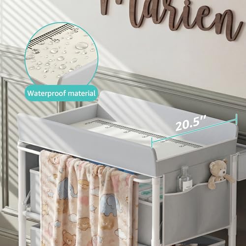BOLUO Baby Changing Table with 4 Drawers, Waterproof Diaper Changing Station with Storage, Adjustable Height Baby Changing Station for Mobile Nursery Grey