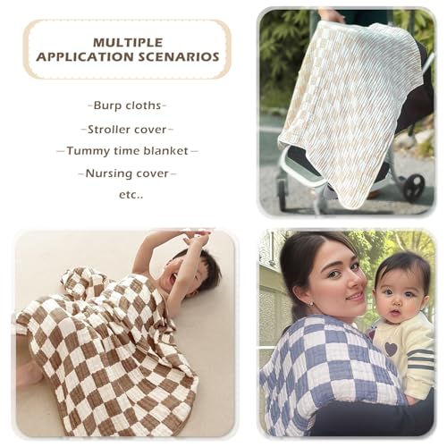 Ultra Soft Checkered Muslin Baby Blanket Pack of 2 Cotton Swaddles Bed Blankets for Babies and Toddlers Boys Newborn 42 x 42 inches (Blue and Coffee)