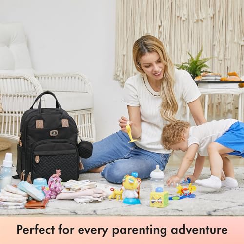 Dikaslon Diaper Bag Backpack with Portable Changing Pad, Pacifier Case and Stroller Straps, Large Unisex Baby Bags for Boys Girls, Multipurpose Travel Back Pack Moms Dads, Black