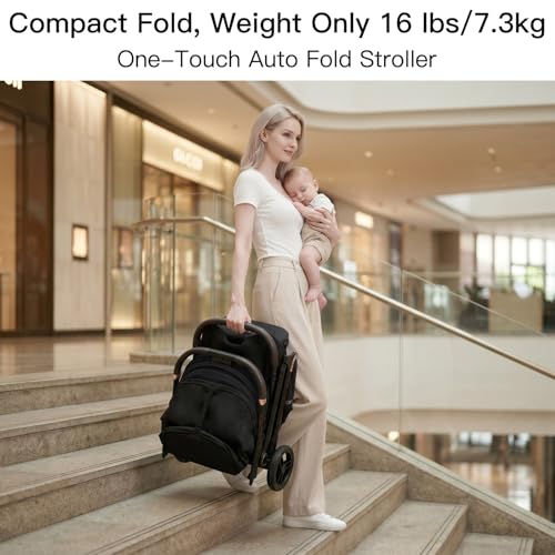 Gromast Gravity Folding Baby Stroller - Portable Travel Toddler Stroller w/Adjustable Backrest, Canopy & Cup Holder, Lightweight and UV Protected, One-Hand Automatic Folding - Black