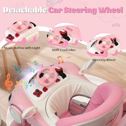 Baby Walker, 4-in-1 Baby Walker with Wheels Portable, Foldable Infant Toddler Walker for Boys Girls 6-18 Month,Removable Footrest,Car Steering Wheel & Music, Adjustable Push Walker Pink