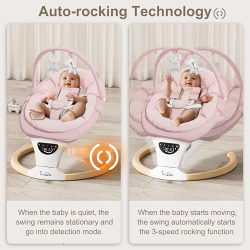 TimChic Baby Swings for Infants, Portable Infant Swing with 5-Speeds, 3-Adjustable Height, 3 Timer & 12 Preset Melodies, Mutil-Function Electric Swing for Baby, Indoor & Outdoor Use (Pink)
