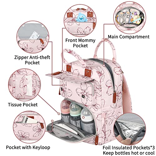 Diaper Bag Backpack, Baby Girl Diaper Bag for Mom, Large Pink Floral Diaper Bag Backpack for Girls, Waterproof Mom Backpack for Work Travel Holiday with Insulated Pockets and Stroller Straps