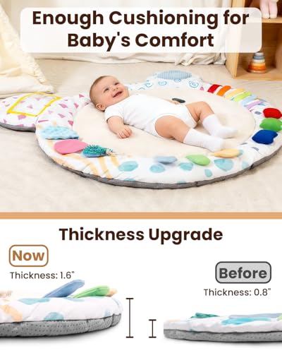 Beavtaens Baby Play Gym, Thickened and Non Slip Activity Mat, 5 Developmental Zones Tummy Time Mat with 5 Detachable Sensory Toys for Motor Skills, Baby Essentials Shower Gift Box(Bear)