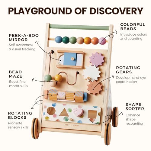 Tiny Land Wooden Baby Walker with Adjustable Speed, Montessori Activity Push Walker Toy for Toddlers, Baby Gift Parents Love for Boys & Girls(Morandi)