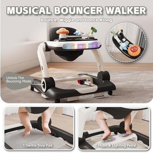Baby Walker,4-Gear Height Adjustable Baby Walker with Wheels,5 in 1 Baby Activity Center,Music and Lights Bouncer Walker for Baby Boy 6-18 Months,Adjustable Speed Baby Push Walker