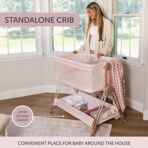 KOOLABABY Baby Bedside Sleeper - Bassinet & Bedside Crib with Height Adjustment & Wheels - Can Be Placed Next to Bed - Attaches to Parents Bed - Easy to Fold & Carry Bassinet for Girls (Pink)