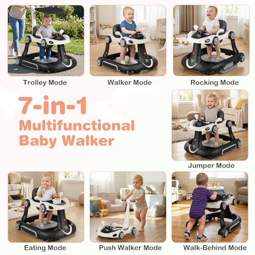 BABY JOY 7-in-1 Baby Walker, Foldable Baby Walker and Bouncer Combo with Handle, Adjustable Height & Speed, Music, Lights, Rocker/Push Mode, Baby Walker with Wheels for Boys Girls 7-18 Months (White)