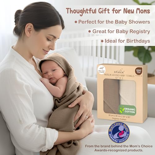 OEKO TEX 100% Organic Cotton 2 PK Muslin Baby Hooded Towel Toddler 32x32 in