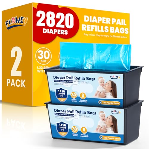 Diaper Pail Refill Bags 30 Bags Per Refill，Compatible with Genie Easy Roll Signature Diaper Pails Holds Up to 2820 Newborn Diapers Talc Powder Scent 7 Layer Odor Barrier,Scented,2PACK (60 Bags)