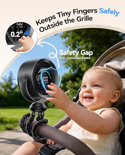 KIMMOO Portable Baby Stroller Fan, 360° Adjustable Quiet Rechargeable USB Fan with LED Display, 100 Speeds Safe Clip Fan for Stroller, Powerful Cooling Fan for Golf Car Seat Treadmill Travel, Black