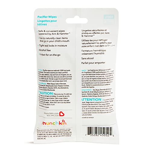 Munchkin Arm & Hammer Pacifier Wipes - Safely Cleans Breast Pump Parts and Feeding Essentials for Baby and Toddler, 1 Pack, 36 Wipes