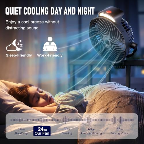 Gentsvip 8-Inch Rechargeable Clip on Fan, 10000mAh Portable Camping Fan with LED Light, 9-Speed Ultra Quiet Airflow, 30H Runtime, 360° Rotating Desk Fan for Golf Cart, Bedroom, Office, Dorm, Black