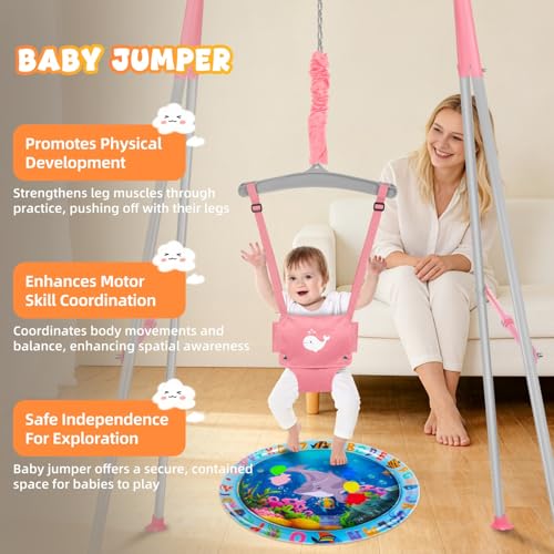 Baby Jumper with Stand for 6-24 Months, Baby Exerciser for Active Babies, Toddler Jumper Bouncers for Baby Girl/Boy with Adjustable Chain, Suitable for Indoor and Outdoor, Water Mat Included(Pink)