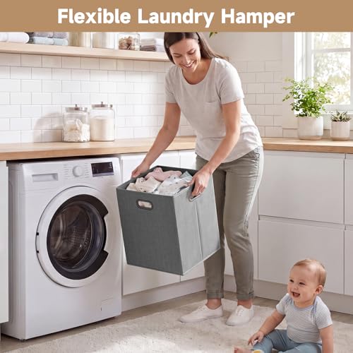 INFANS Wooden Baby Changing Table with Comfy Changing Pad, 3 Fabric Drawers, Laundry Hamper, Safety Belt, Diaper Station Dresser for Nursery Infant (Light Gray)