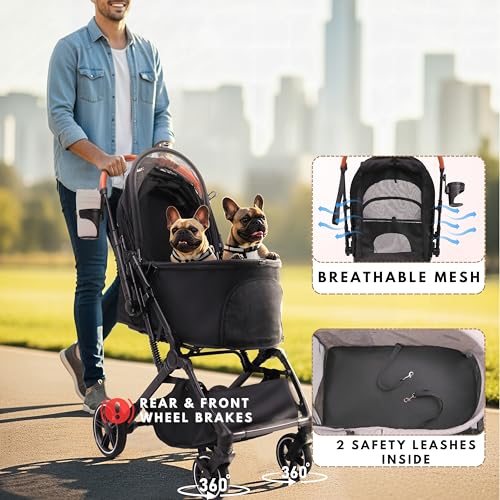 Bicystar Pet Stroller for Small Medium Dogs Cats Up to 45 lbs, Travel Lite Collapsible, All Terrain 4 Wheels for Jogging, Running, Grey