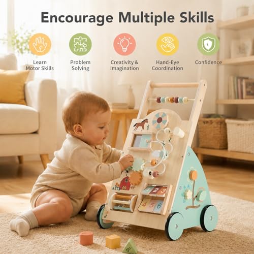DUMOS Wooden Baby Push Walker, Montessori Activity Toys with Adjustable Speed for 1 Year Old, Silent Rubber Wheels, Wood