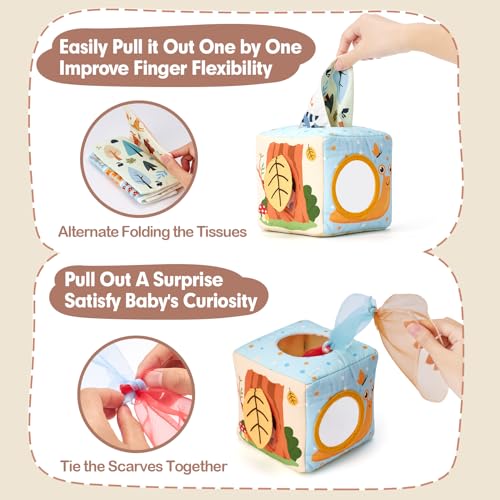 hahaland Baby Tissue Box Toy - Baby Toys 6-12 Months Montessori Toys for 6 Month Old Must Haves - Babies Boy Girl Gifts 6 7 8 9 10 12 Month Old Sensory Pulling Play Scarf Toys 1 Year Old Birthday Gift