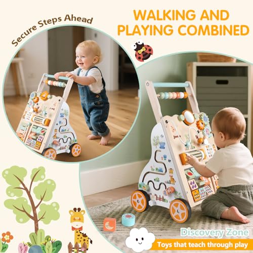 Wooden Baby Walker with Wheels, Push Walker with Baby Activity Center, Montessori Walking Toy for Girls Boys, Adjustable Speed & Height Activity Toy for Toddler Learning to Walk 12+ Months (Natural)