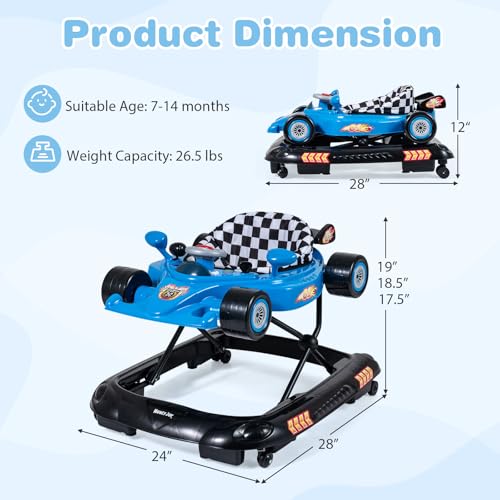 BABY JOY 4-in-1 Baby Walker, Foldable Activity Walker with Adjustable Height, Music & Lights, Anti-Rollover, Toddler Push Walker, Baby Walker with Wheels for Boys Girls 6-14 Months (Blue)