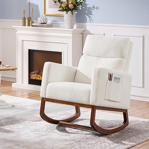 Yaheetech Upholstered Rocking Chair, Boucle Glider Chair Nursery Chair with High Back and Side Pocket, Rocking Accent Armchair with Rubber Wood Legs for Living Room/Bedroom/Nursery, Ivory