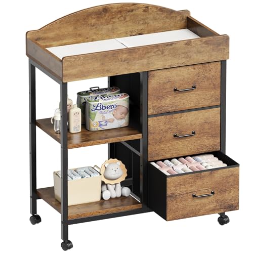 YeTom Changing Table Dresser, Baby Dresser with 3 Fabric Drawers and 2 Shelves, Multi-Functional Baby Changing Table with Pad, Classic Nursery Dresser, Diaper Changing Station, Rustic Brown