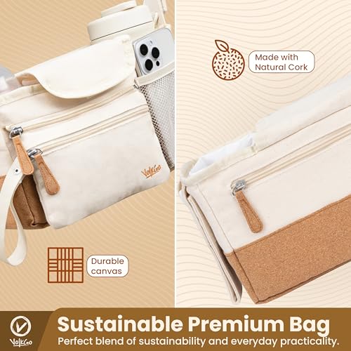 V VOLKGO Stroller Caddy with Cup Holder - Stroller Organizer Bag for Baby Travel Gear, Baby Bottle Organizer & Baby Diaper Caddy | Insulated XL 40oz, Detachable Wristlet, Premium Canvas & Natural Cork