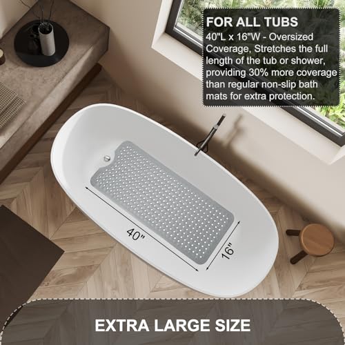 TEESHLY Bath Tub and Shower Mats, Non Slip 40 x 16 Inch Extra Large Bathtub Mat, Machine Washable Bathmat with Drain Holes, Suction Cups for Bathroom Floor, Gray