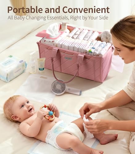 VKSAO Extra Large Diaper Caddy Organizer – Big Nursery Storage Basket with Zipper Pocket, Shoulder Strap & Stroller Hooks, Water-Resistant Travel Tote for Twins, Gift for Baby Shower, Blush Pink