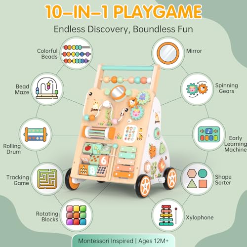 Wooden Baby Walker with Wheels, Push Walker with Baby Activity Center, Montessori Walking Toy for Girls Boys, Adjustable Speed & Height Activity Toy for Toddler Learning to Walk 12+ Months (Natural)