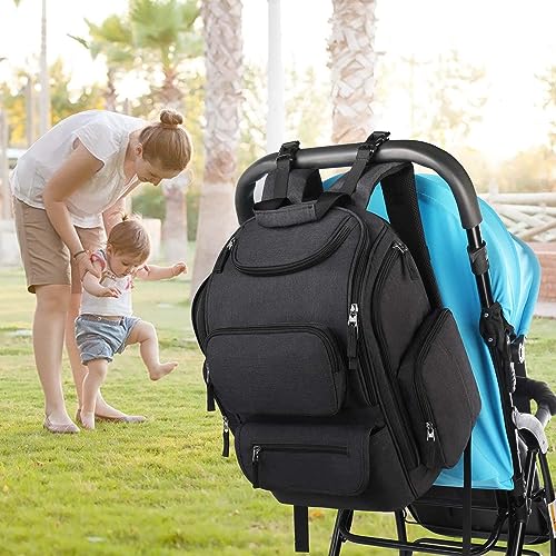 Mancro Diaper Bag Backpack, Multifunctional Dad Diaper Bag with 2 Side Insulated Pockets, Travel Water Resistant Baby Diaper Backpack for Men Women with Stroller Straps, Black