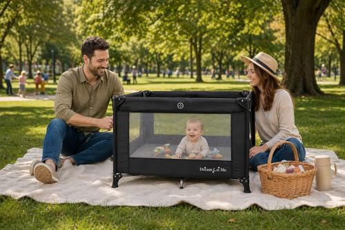 Dream On Me Nest Portable Playard in Black with Carrybag an Shoulder Strap, Lightweight, Packable and Easy Setup Baby Playard, Breathable Mesh Sides and Soft Fabric - Comes with a Removable Padded Mat
