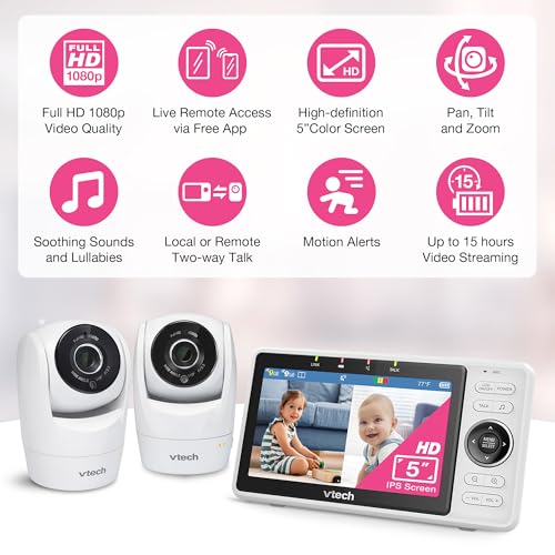 VTech Smart WiFi Baby Monitor, 2 Cameras – See Both Rooms at Home or from Anywhere, Free App, 1080p Split Screen, 5" HD Screen, Pan-Tilt-Zoom, Night Vision | VM901-2