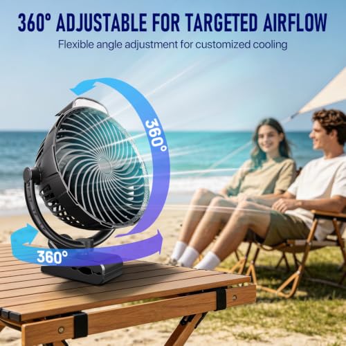 Gentsvip 8-Inch Rechargeable Clip on Fan, 10000mAh Portable Camping Fan with LED Light, 9-Speed Ultra Quiet Airflow, 30H Runtime, 360° Rotating Desk Fan for Golf Cart, Bedroom, Office, Dorm, Black