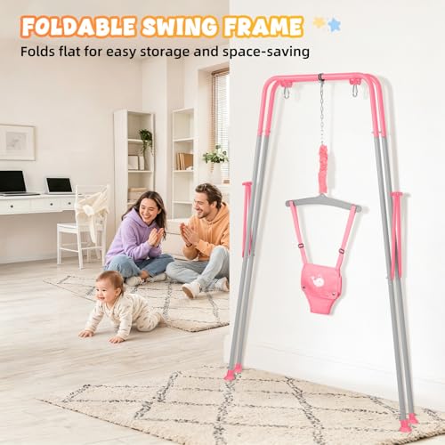 Baby Jumper with Stand for 6-24 Months, Baby Exerciser for Active Babies, Toddler Jumper Bouncers for Baby Girl/Boy with Adjustable Chain, Suitable for Indoor and Outdoor, Water Mat Included(Pink)
